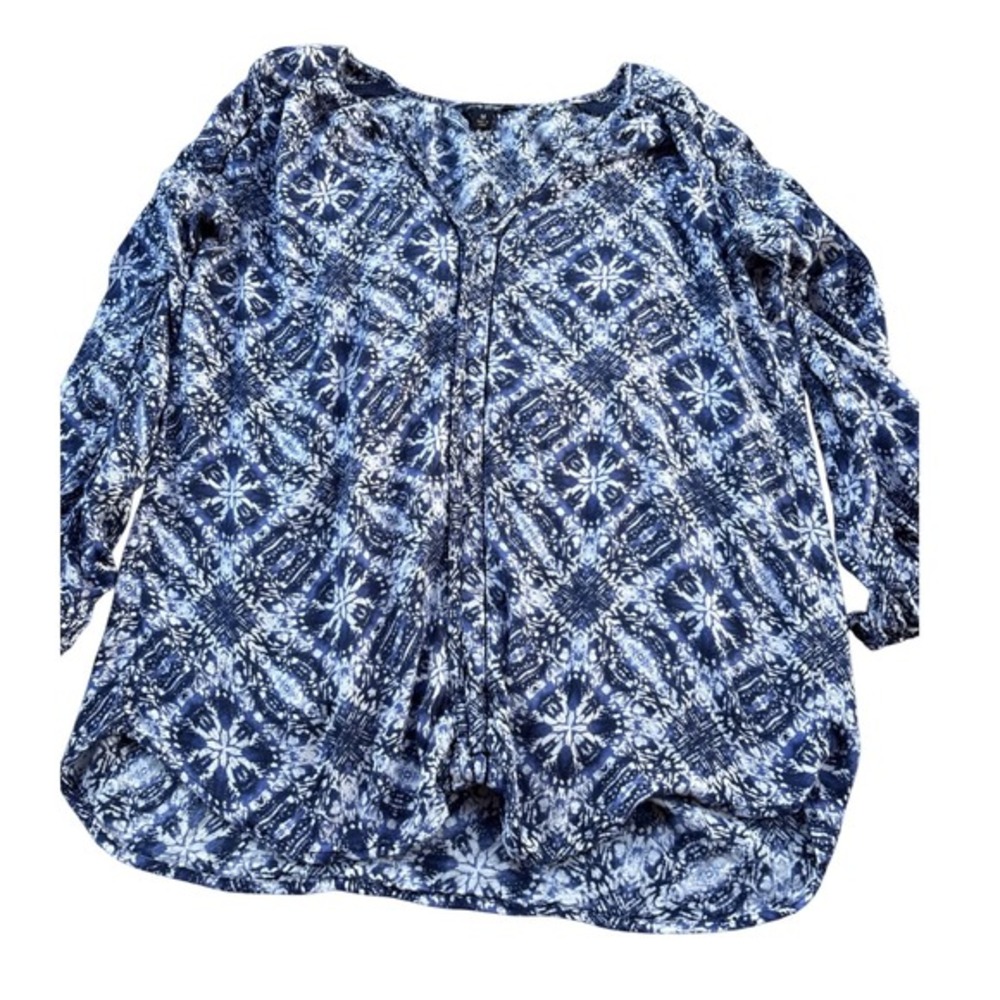 Lucky Brand Blue White Geometric Tile Print Viscose Boho Blouse Women's Medium